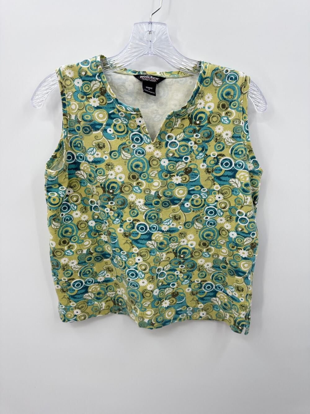 Vintage Y2K Woolrich Sleeveless Notch Neck Tank Top Womens Small Green Floral